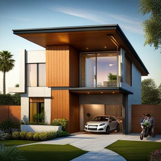 Front elevation view of Indian style modern two storied home...