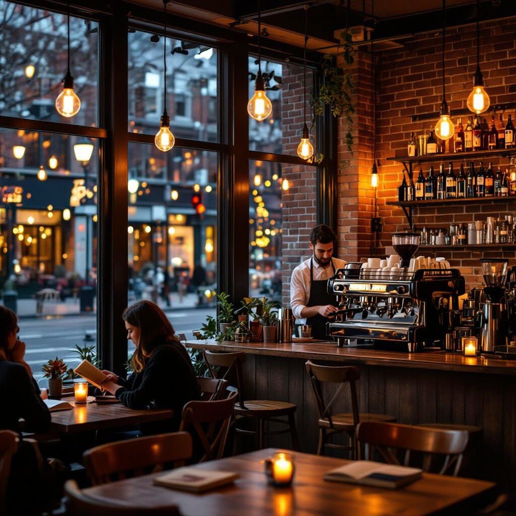 Cozy Night Cafe Interior with Warm Lighting