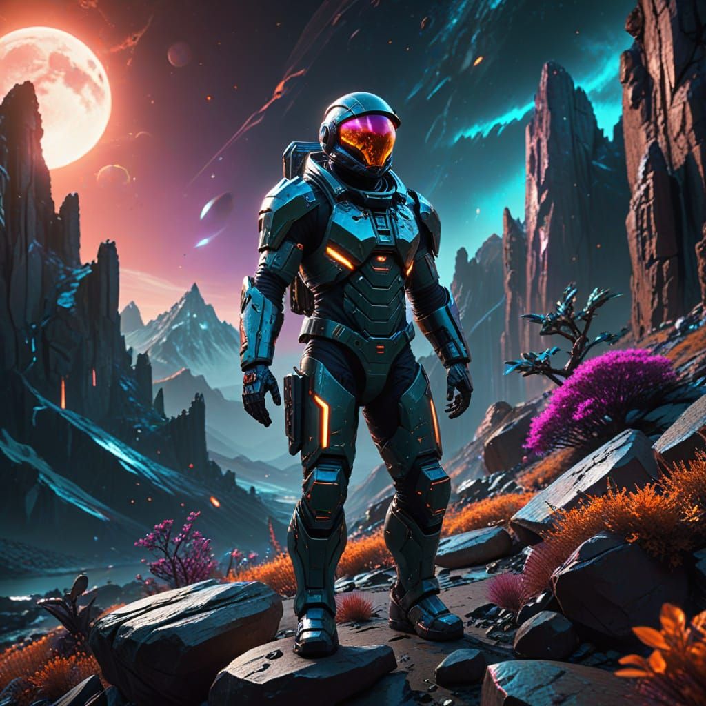 Futuristic Explorer on Alien Planet with Crystal Mountains