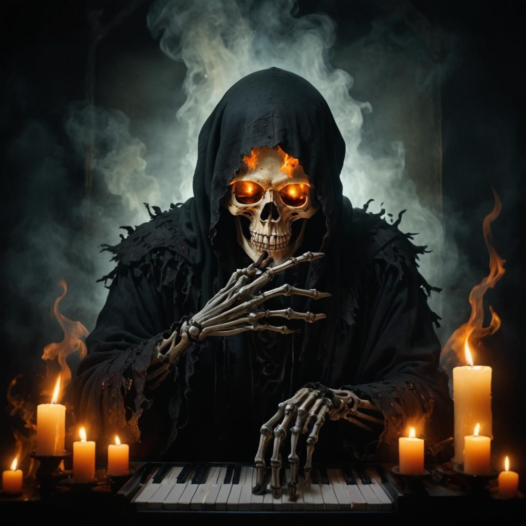 A hauntingly vivid scene depicting a skeletal figure shroude...