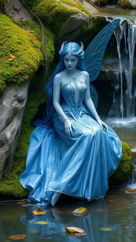 A special lady fairy in her very best gown. She sitting in a mossy rock beside a lovely pond, a waterfall ...  by @Jerri