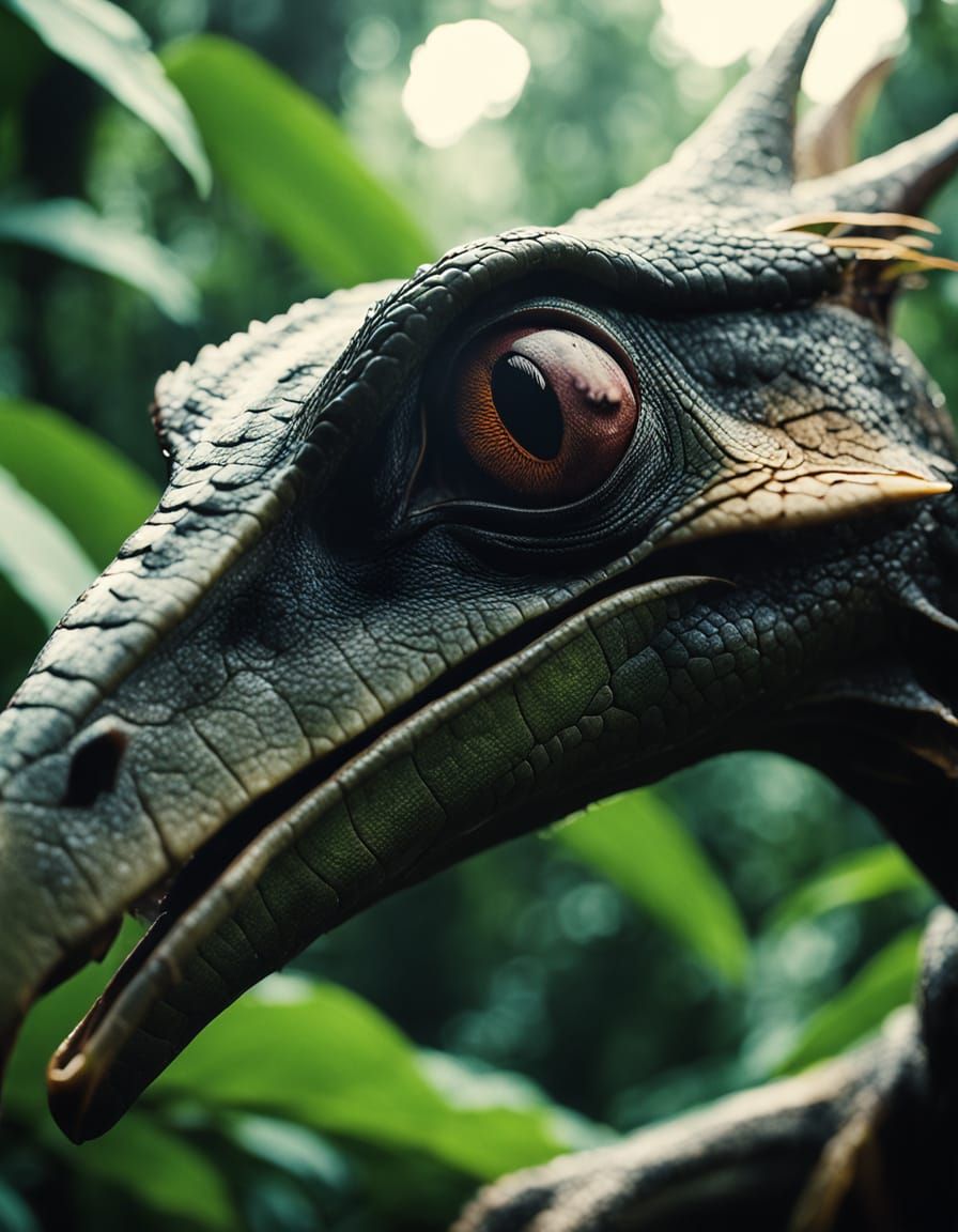 vintage photo of Extreme close-up, Macro View of a pterodactyls beak and eyes, highlighting the texture and detail in natural enviroment   2...