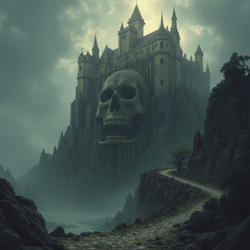 Castle Skull in Rhineland. volumetric lighting hyperdetailed <lora:Skulls-N-Skeletons:1.0> 