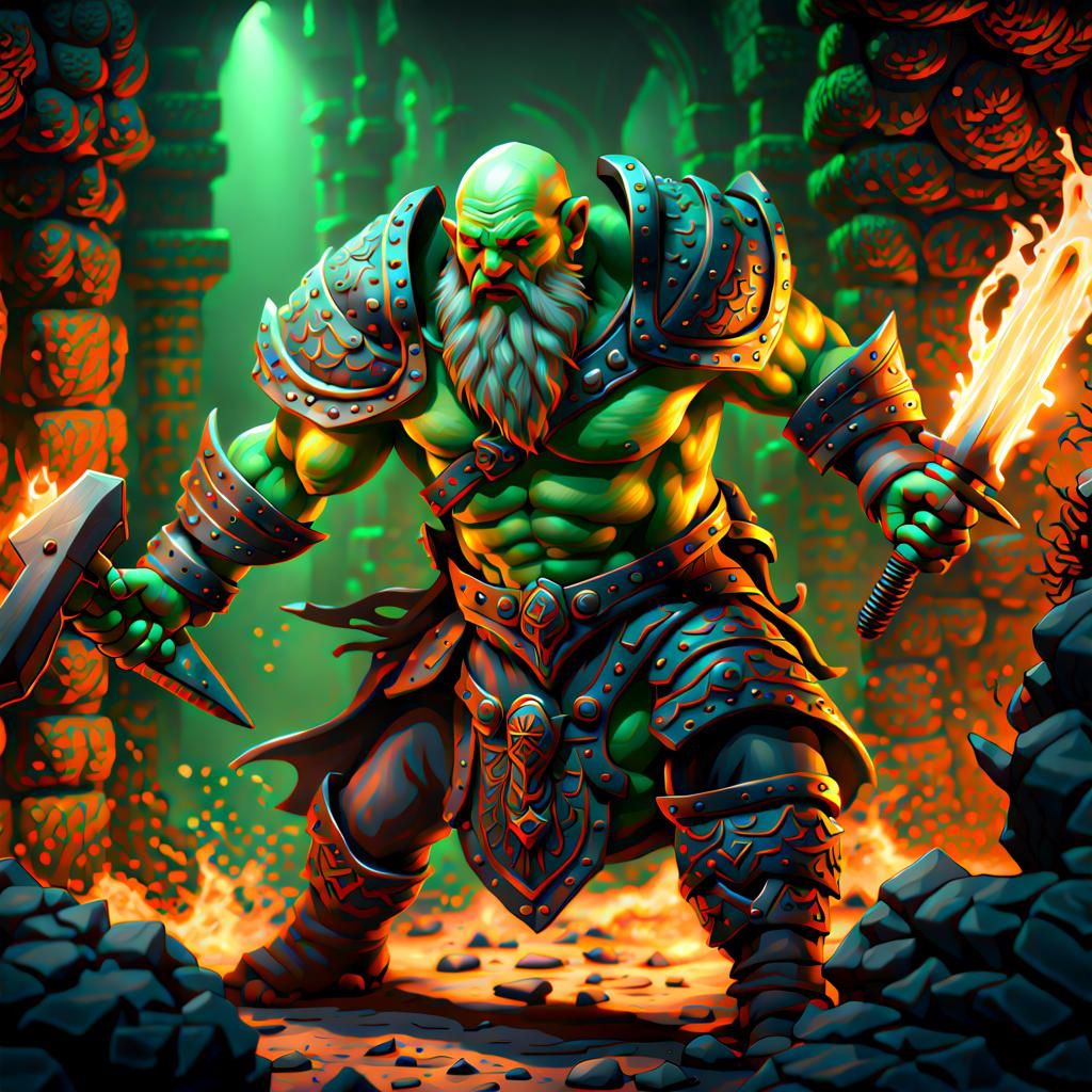 dwarven warrior fighting green skinned orc in dungeon detail...