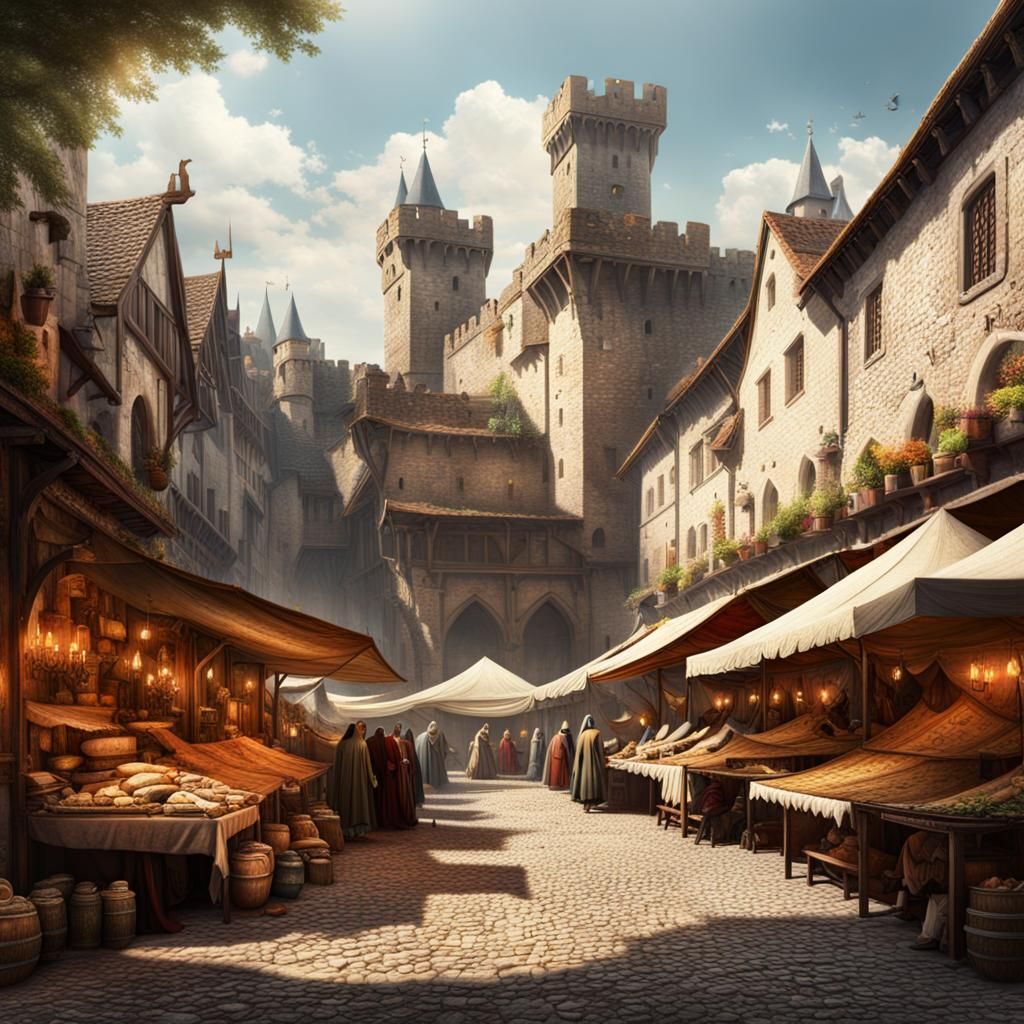 Medieval market, castle, summer day