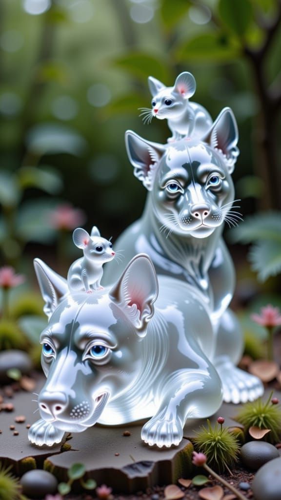 <lora:Zeste-citron crystal:1.0> a transparent crystal dog is lying on the ground,, en the dog's back sit a transparent crystal cat, and on t...