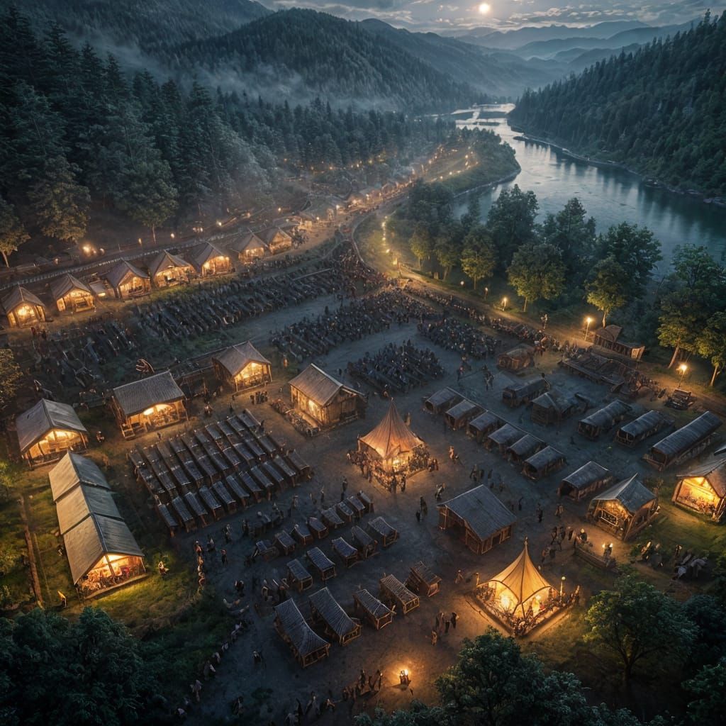 Ancient Military Encampment at Night: Bird's-Eye View