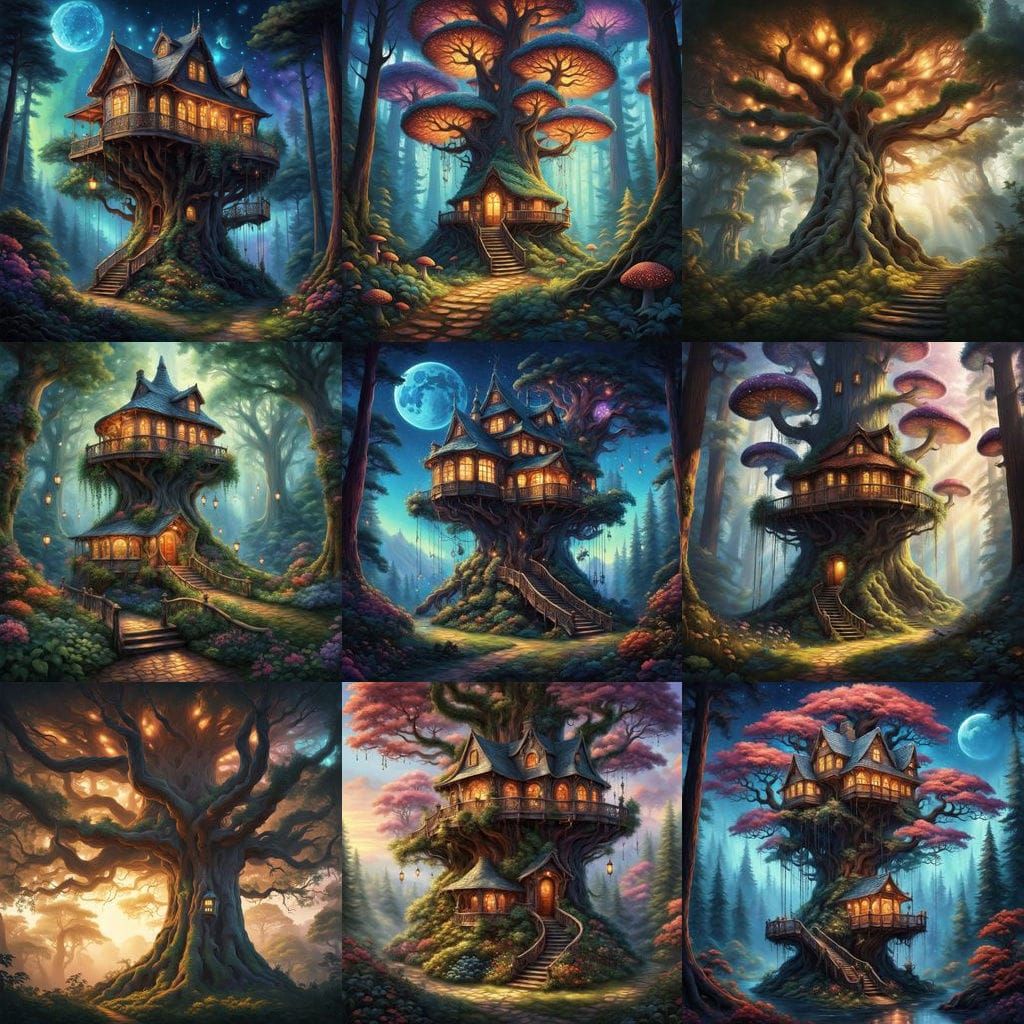 Beautiful Giant Redwood Trees, glowing, magical, amazing tree house, Splash art, intricately detailed, Thomas Kinkade, f...