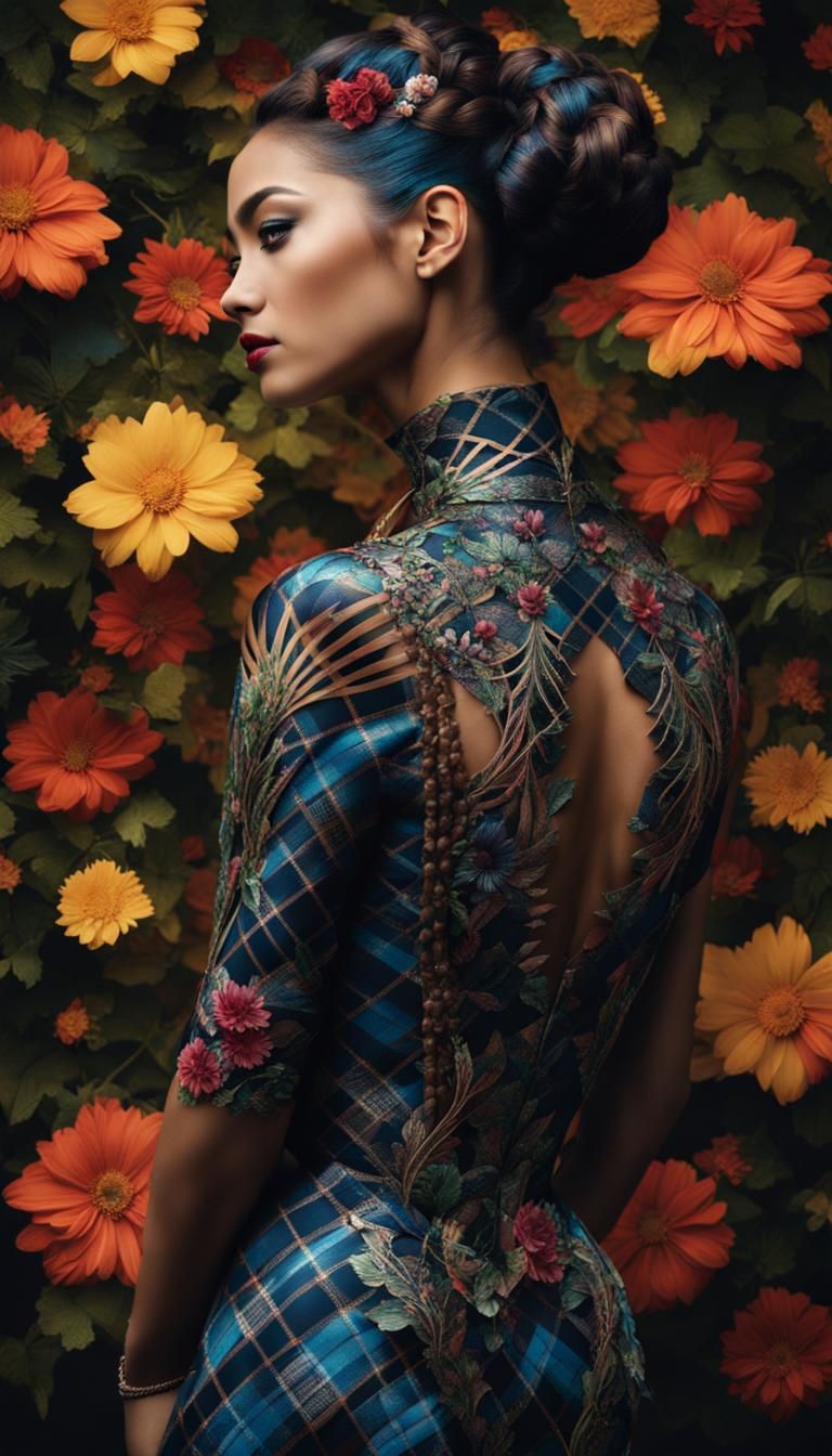 beautiful woman in rose plaid dress cascading down her back  by @undefined