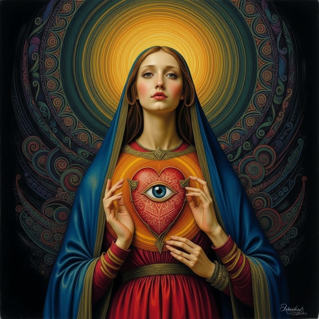  Sacred Heart of Mary [no wings] [no third arm] evil eye protection in center of heart, Angelico PreRaphaelite Psychedelic Zentangle  