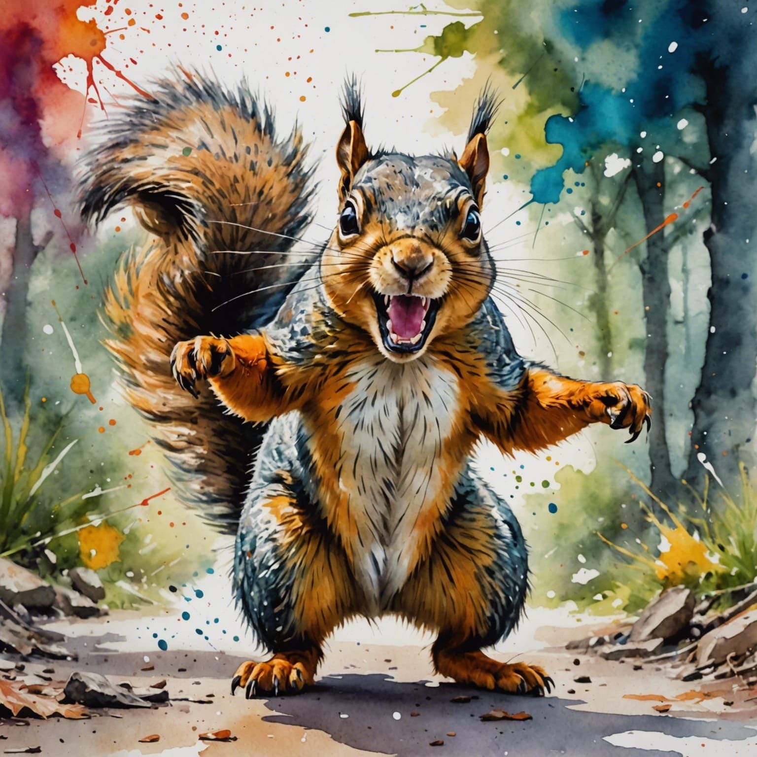 A wild squirrel in full roar, having googly eyes, charging d...