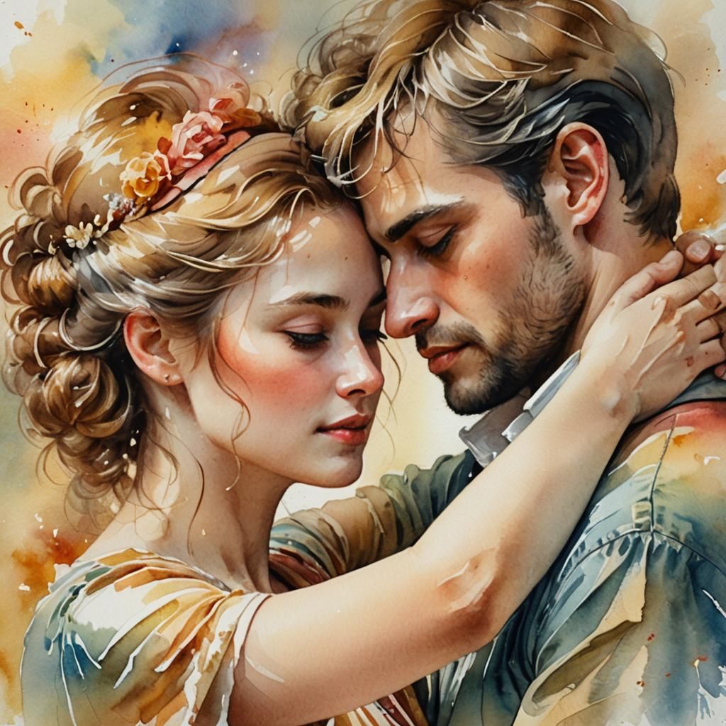 Romantic Couple Embrace in Watercolor Portrait