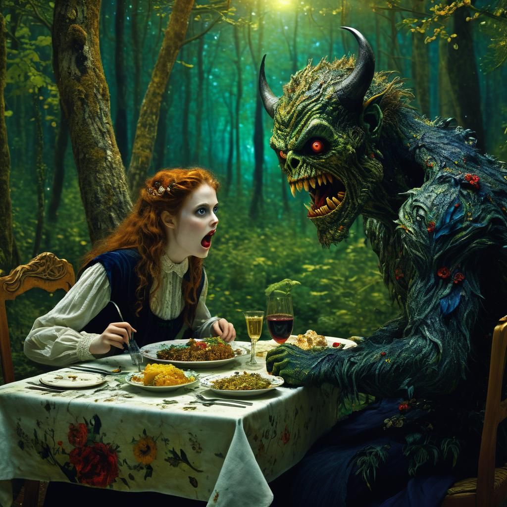 & professional photography (Surreal Restaurant:1.3) setting with beautiful aliens exotic strange extra-human beautifully dressed eating and...