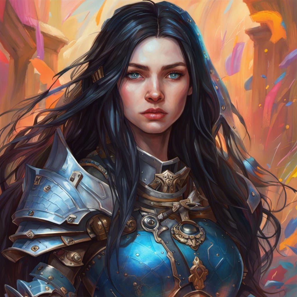 a girl of about 27 with long black hair and blue eyes. She wears armor ...