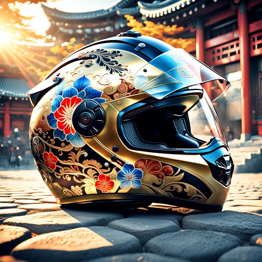 A motorbike helmet richly decorated with lots of Japanese motifs. It shines in the sunlight  by @Stefan Junghanns