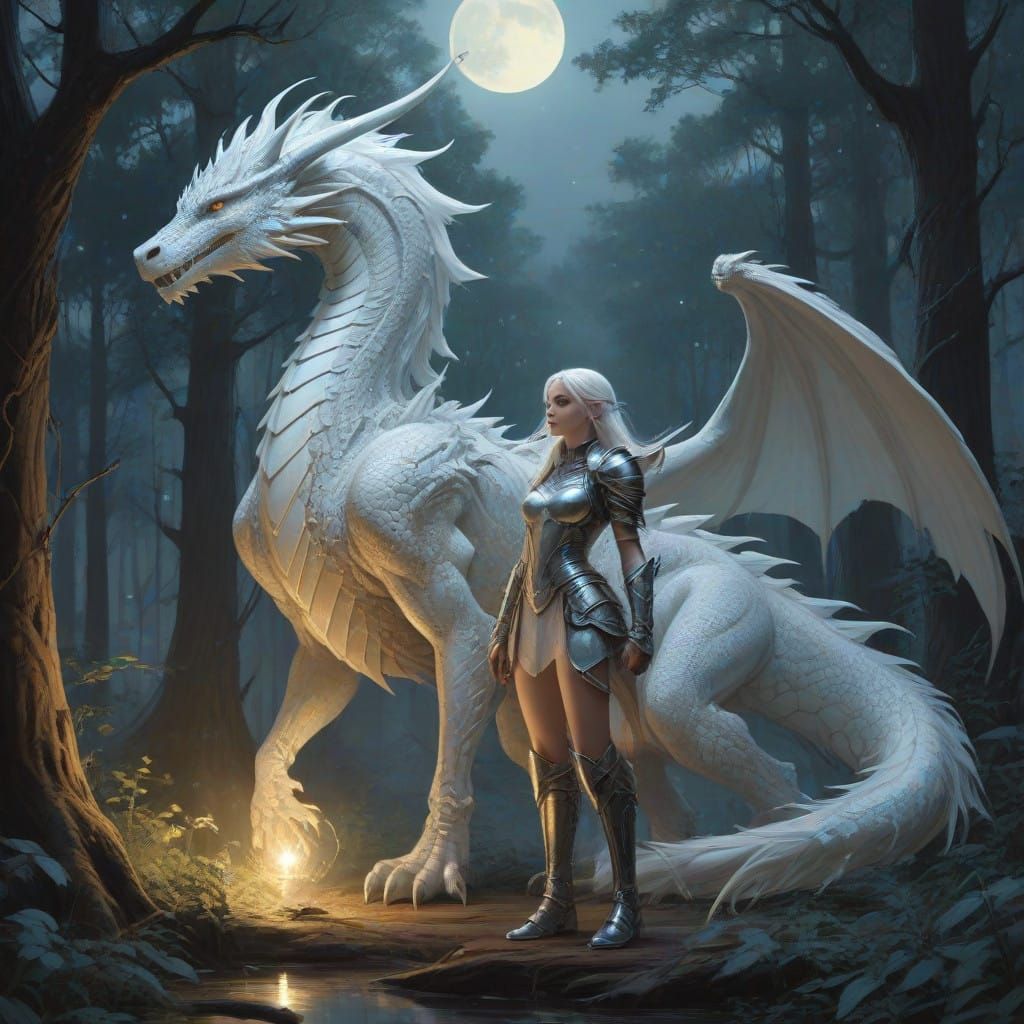 two knights A white dragon next to a teenage knight girl with white hear   by @Desa_The_Night_Queen