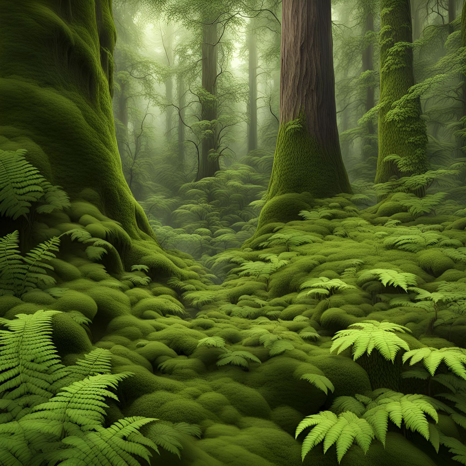 An old growth forest with ferns and green moss, verdant, ove...