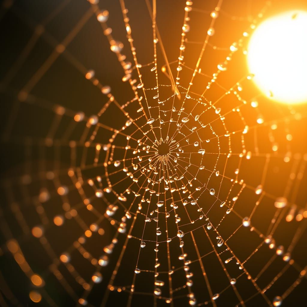 Dew-Kissed Spiderweb at Dawn: Hyperrealistic Macro Photograp...