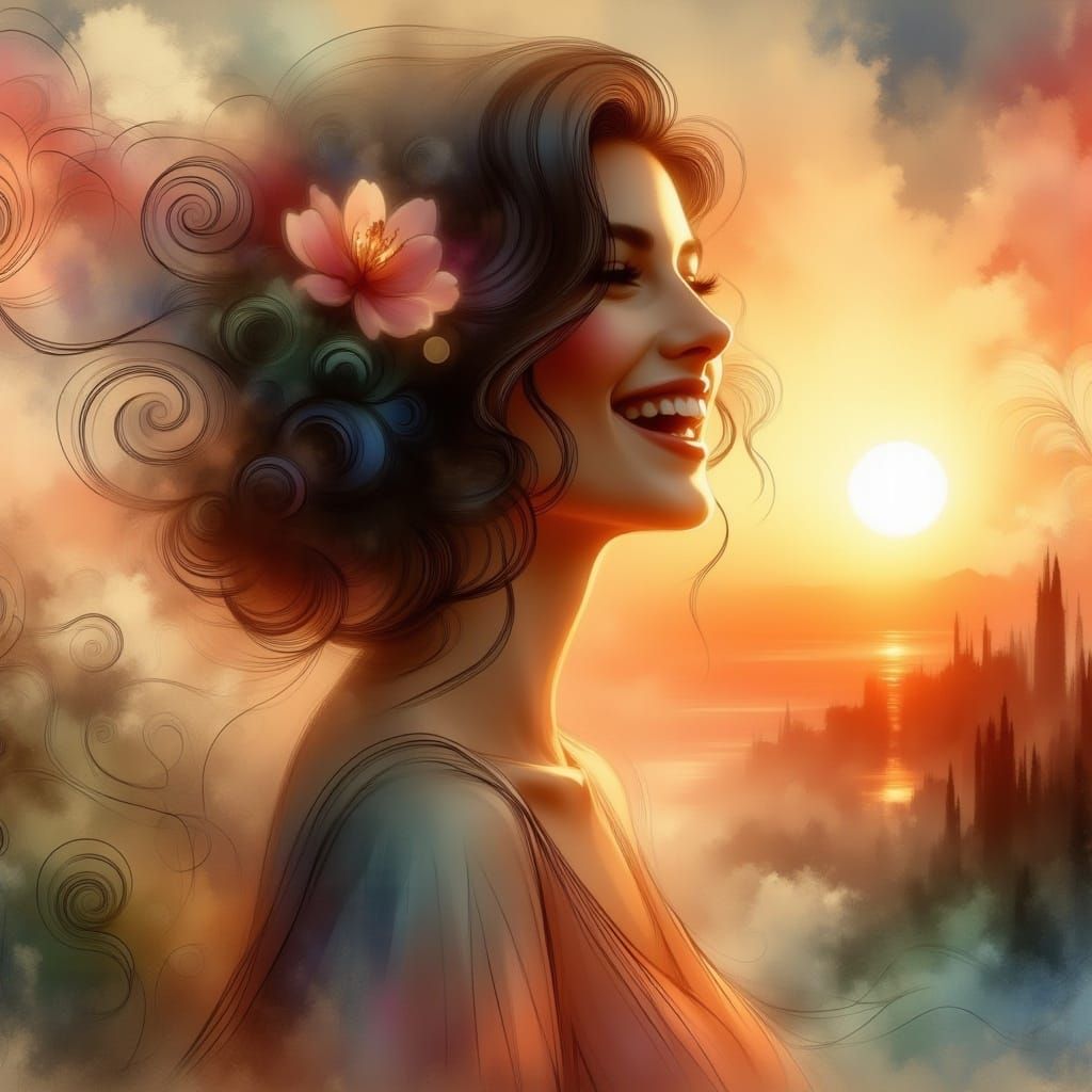  Laughing woman with flowers in hair at sunset <lora:fluxwash:1.3>