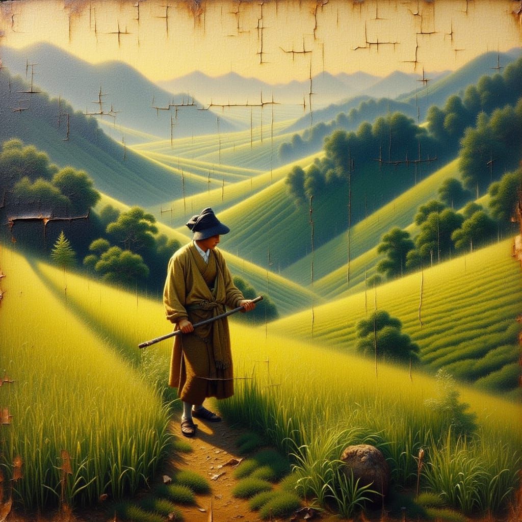 <lora:craquelur:1.0> cracks craquelure old japanese tapestry. peasant in rice field in mountains. Oil on canvas with worn edges, paint peeli...