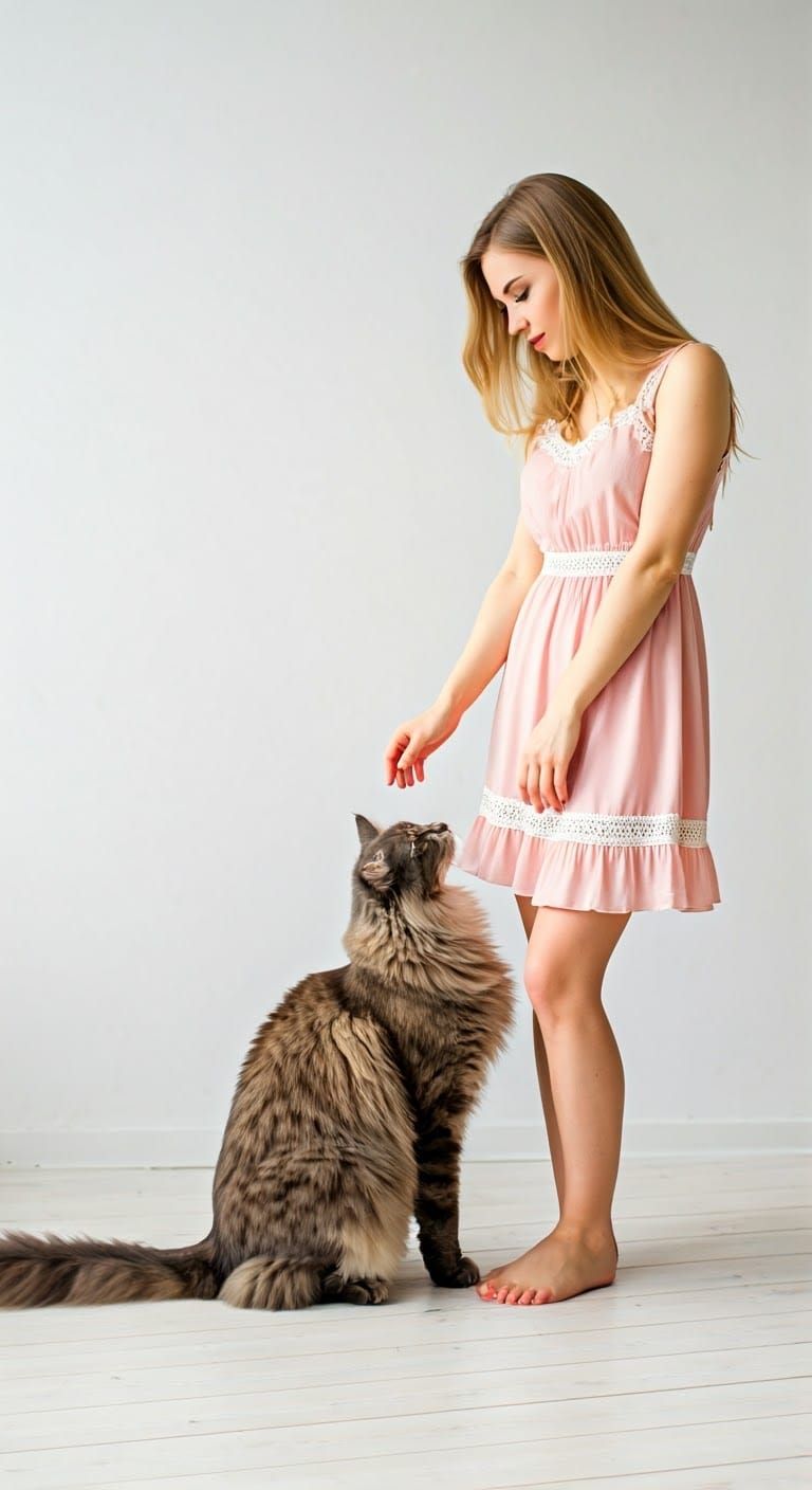 Woman and Giant Cat in Bright Aesthetic Room
