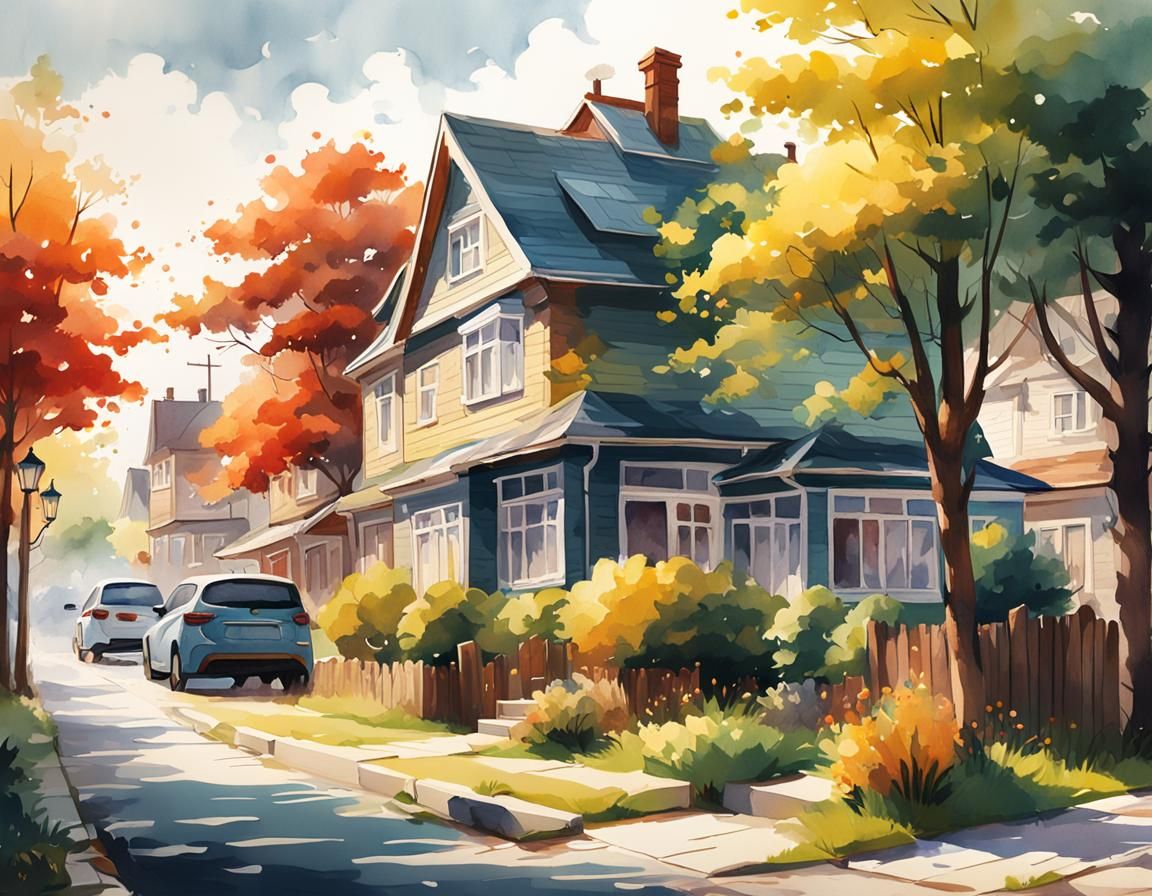 Sunny Suburban Neighborhood in Watercolor Style