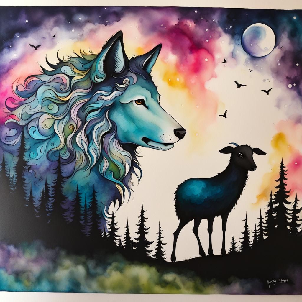 New ink painting. Whimsical wolf and sheep. Moody. Alcohol ink.  by @Ursula