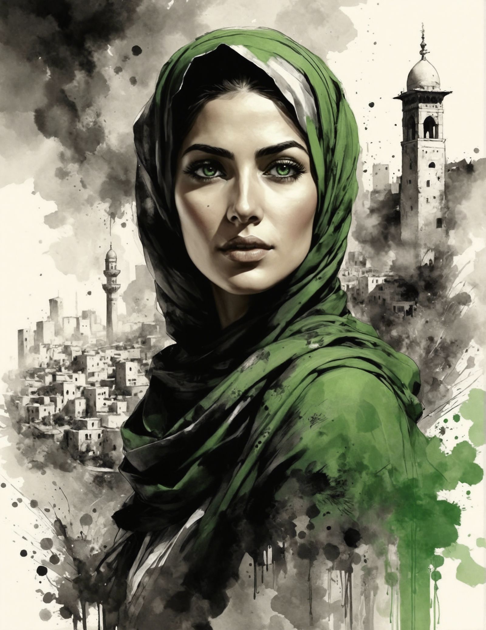 إيمان (Iman) | 🇵🇸 splash art portrait (Sketch artist - Creative Upscale 10%)