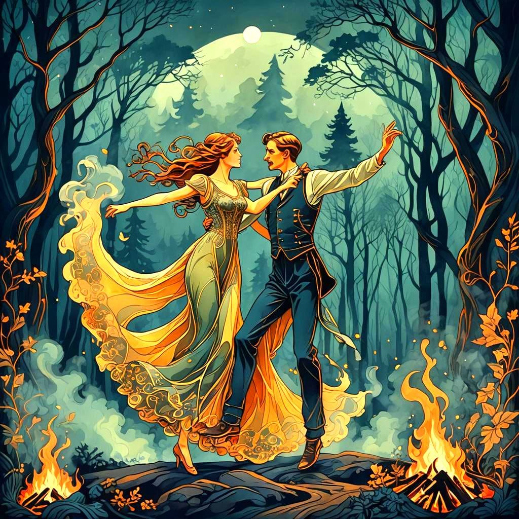 dancing couple formed from the smoke of a campfire in the fo...