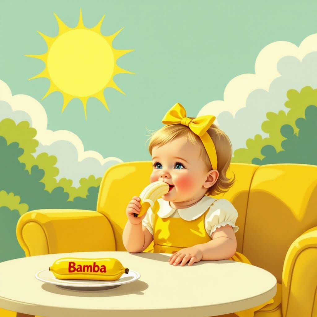 Baby in Yellow Bow Eats Banana on Sofa