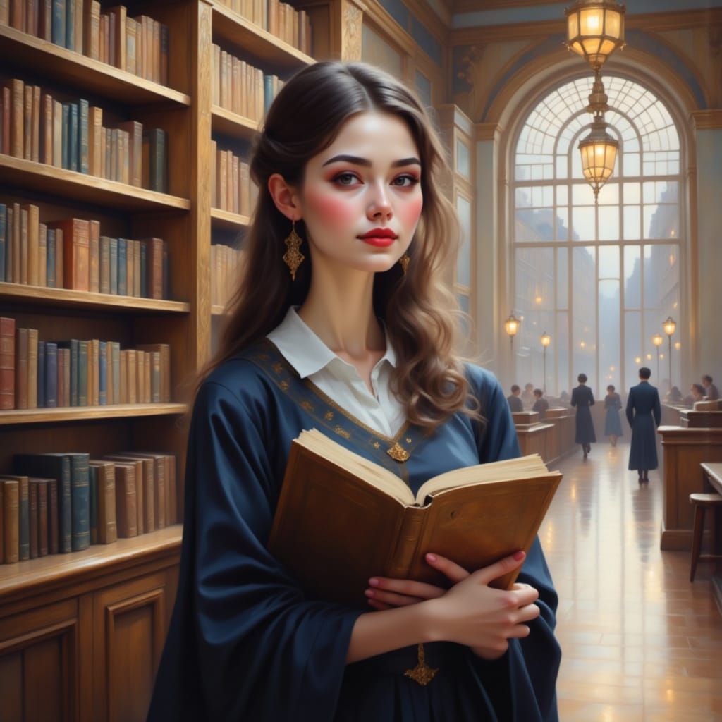 Realistic woman holds a book at a library daytime wearing a school outfit asian <lora:Adriana Love Painter:1.0>