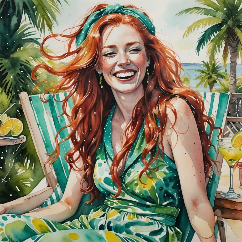 magnificent young woman laughing sitting on a deckchair