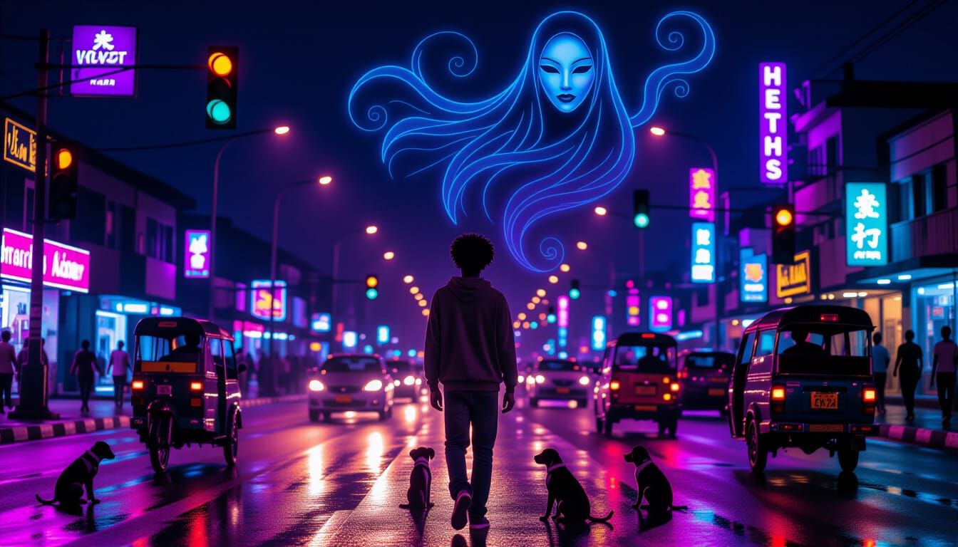 “Ezu City at night, neon purple and gold lights reflecting on wet streets, bustling traffic, keke napep tricycles, and vendors. 17-year-old ...