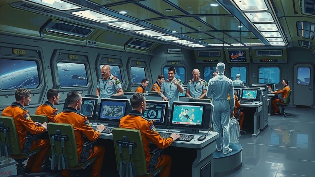 virtuality, semi-transparent people working with solid people on a spaceship bridge, the see-thru people are telepresent, their images proje...