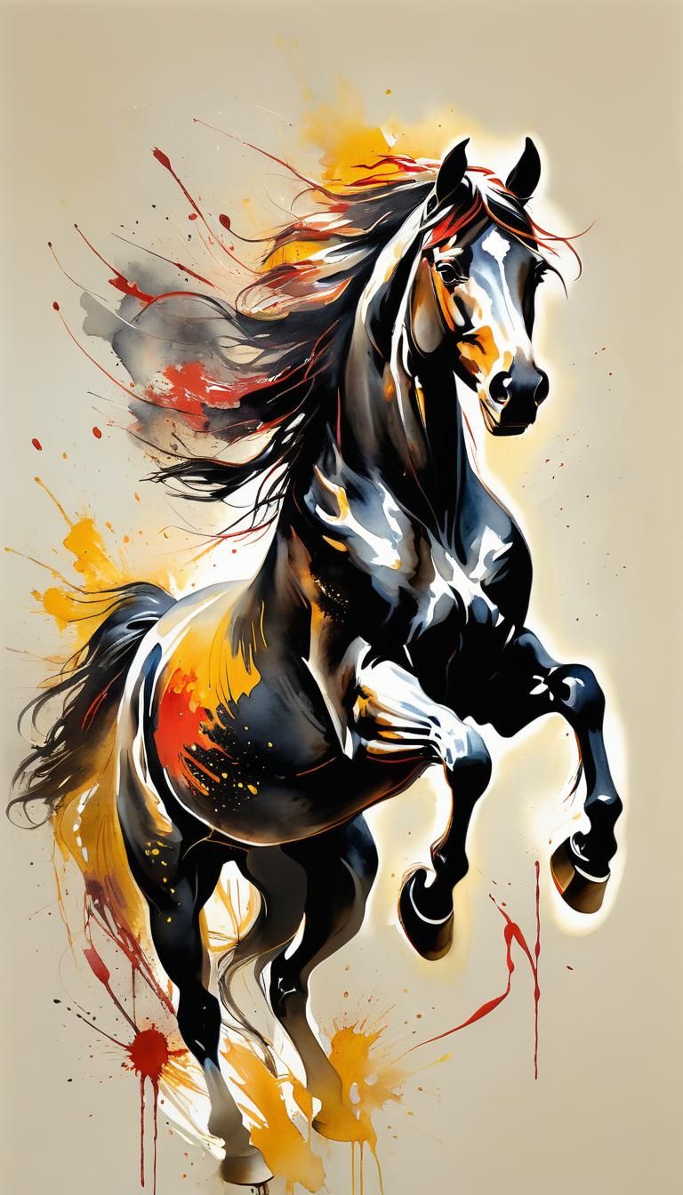 Stalling black horse, painting