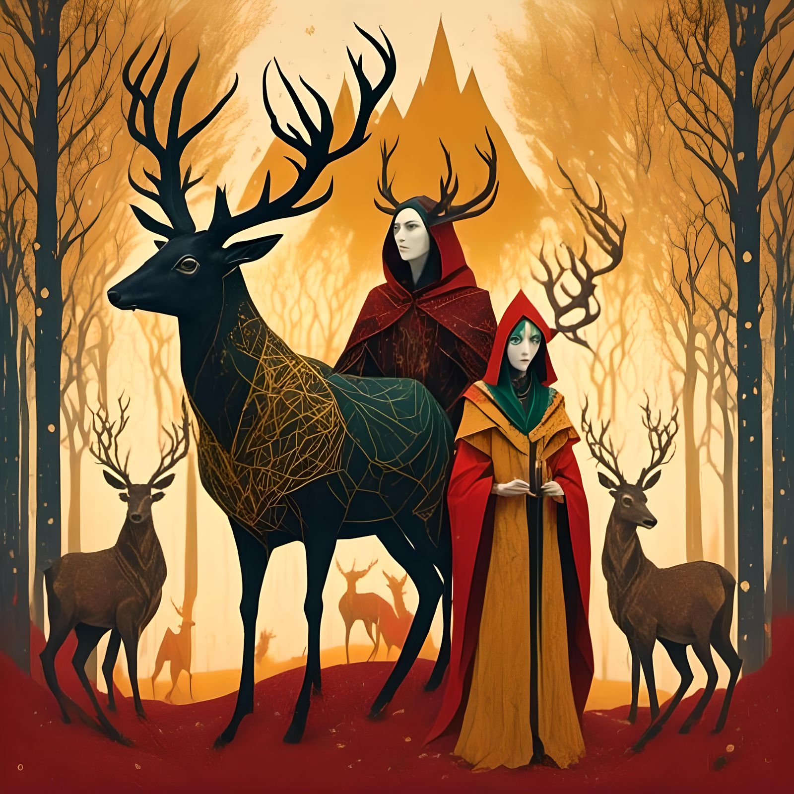 Stag Antlered Priests in Starry Origami Forest