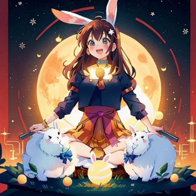 Lunar Temple Scene with Woman and Rabbit