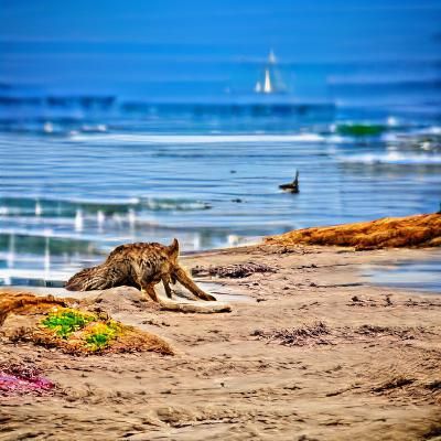 A coyote enjoys a relaxing day at the beach.