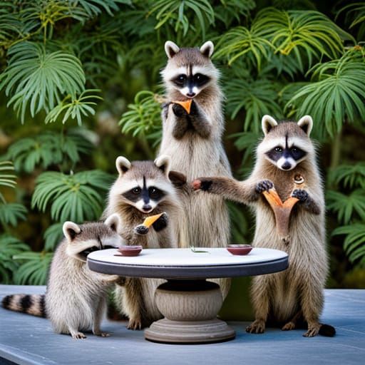 A family of raccoons enjoying their breakfast at the breakfa...
