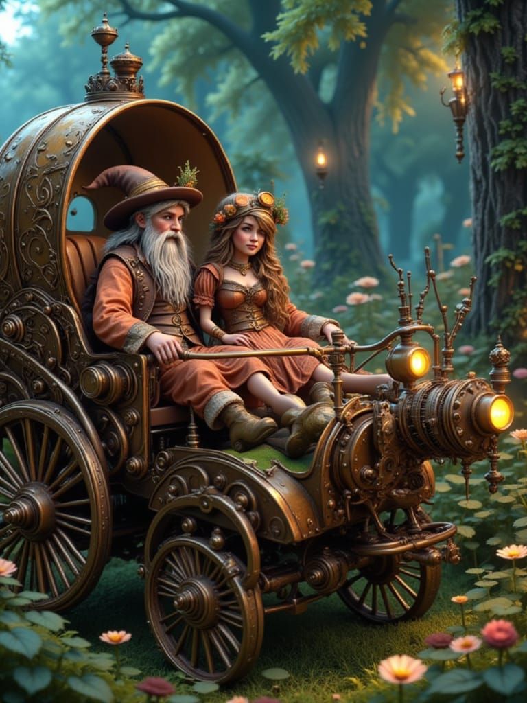 <lora:1st choice:1.0> picture a dwarf and goblin couple sharing a romantic hayride through a moonlit forest, pulled by a giant, steampunk-po...