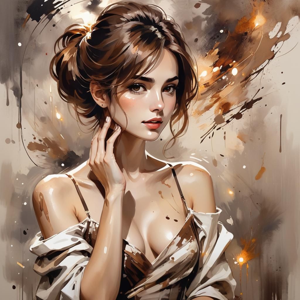 <|reserved_special_token_195|><|start_header_id|> _Anne_Mendiola_ /(Couture/). Anime painted with gestural hints of coffee. The lady adjusti...