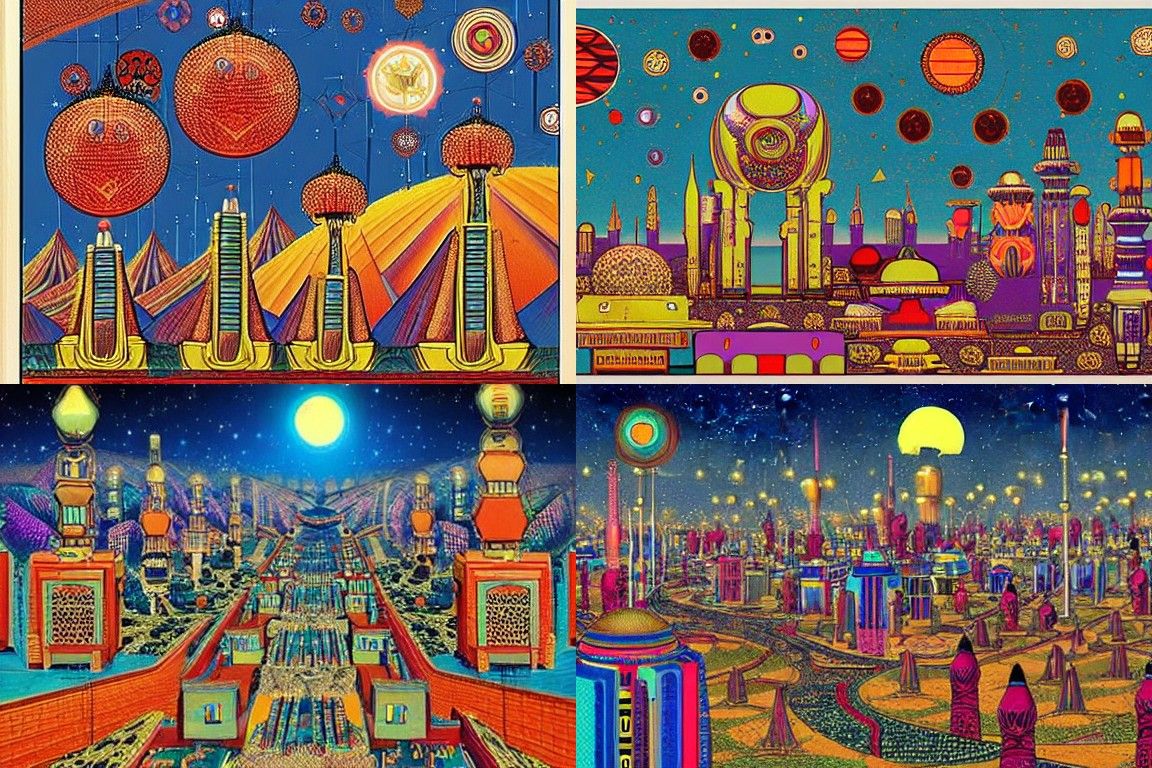 Sci-fi city in the style of Qajar art