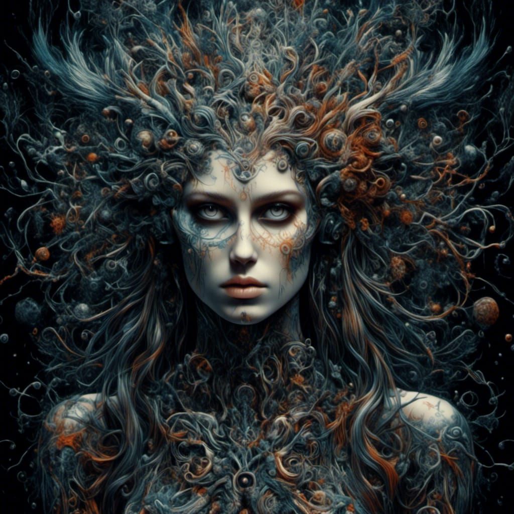 <lora:Mixperiment:1.0>  a hyperrealistic image of a attractive woman in the style of Simon Bisley with a sinister mood and a more sinister b...