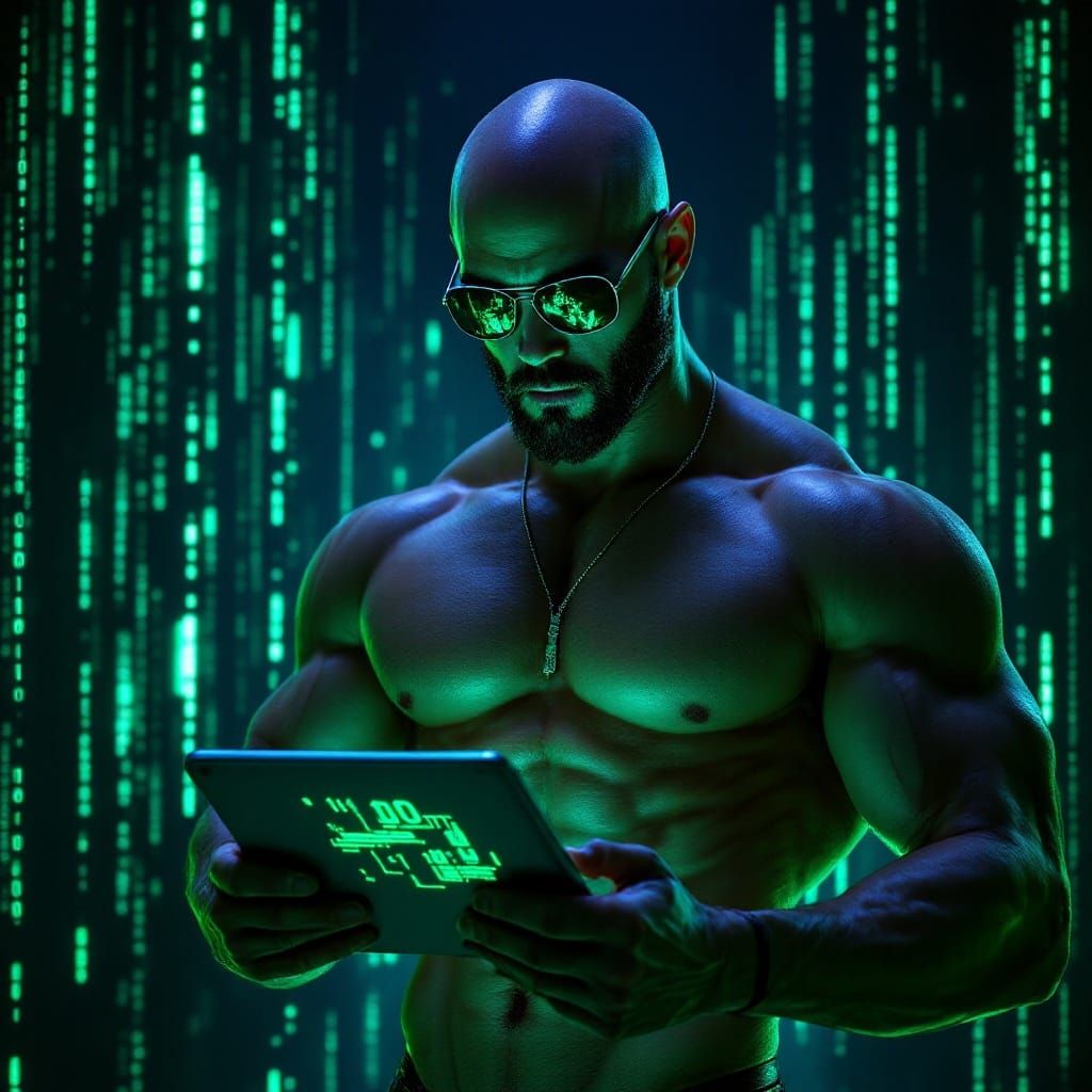 The Matrix - Bald, Rugged Hero Surrounded by Neon Matrix Alg...