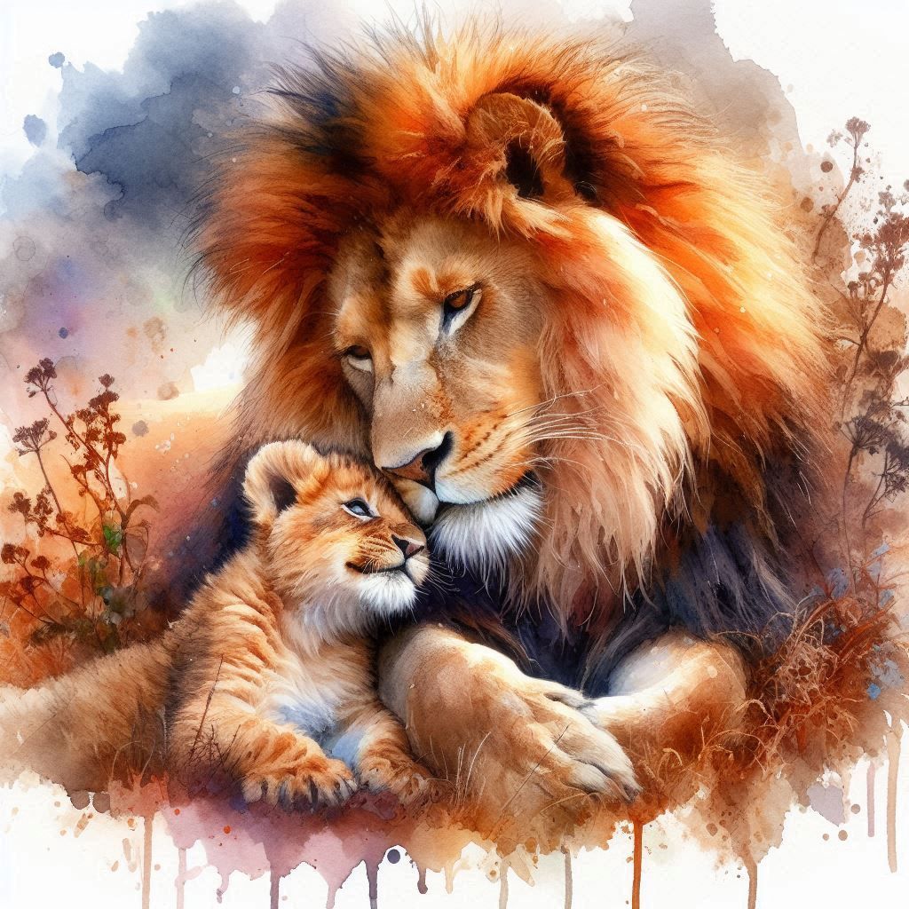 cute lion cub nuzzling up to dad