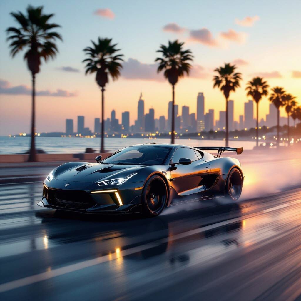 Muscular Sports Car Drifting Tel Aviv Coastline at Sunset