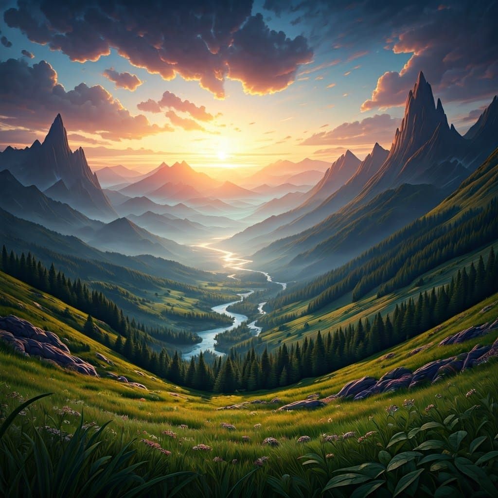 Majestic Sunrise Landscape in Warm Golden Light