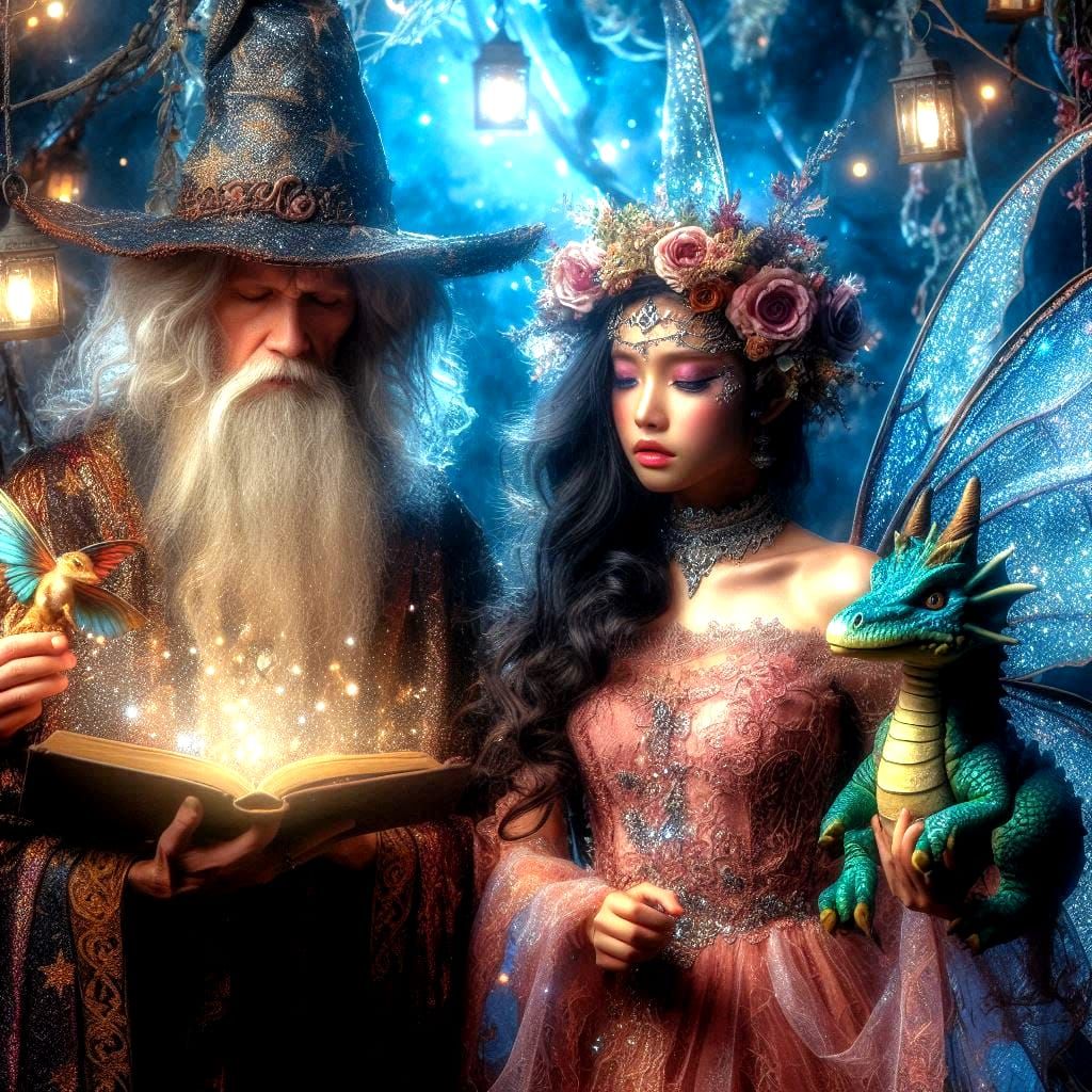 magic. fairy, wizard, and baby dragon.