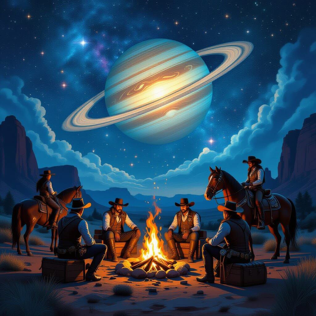Steampunk Cowboys Around Campfire Under Cosmic Sky