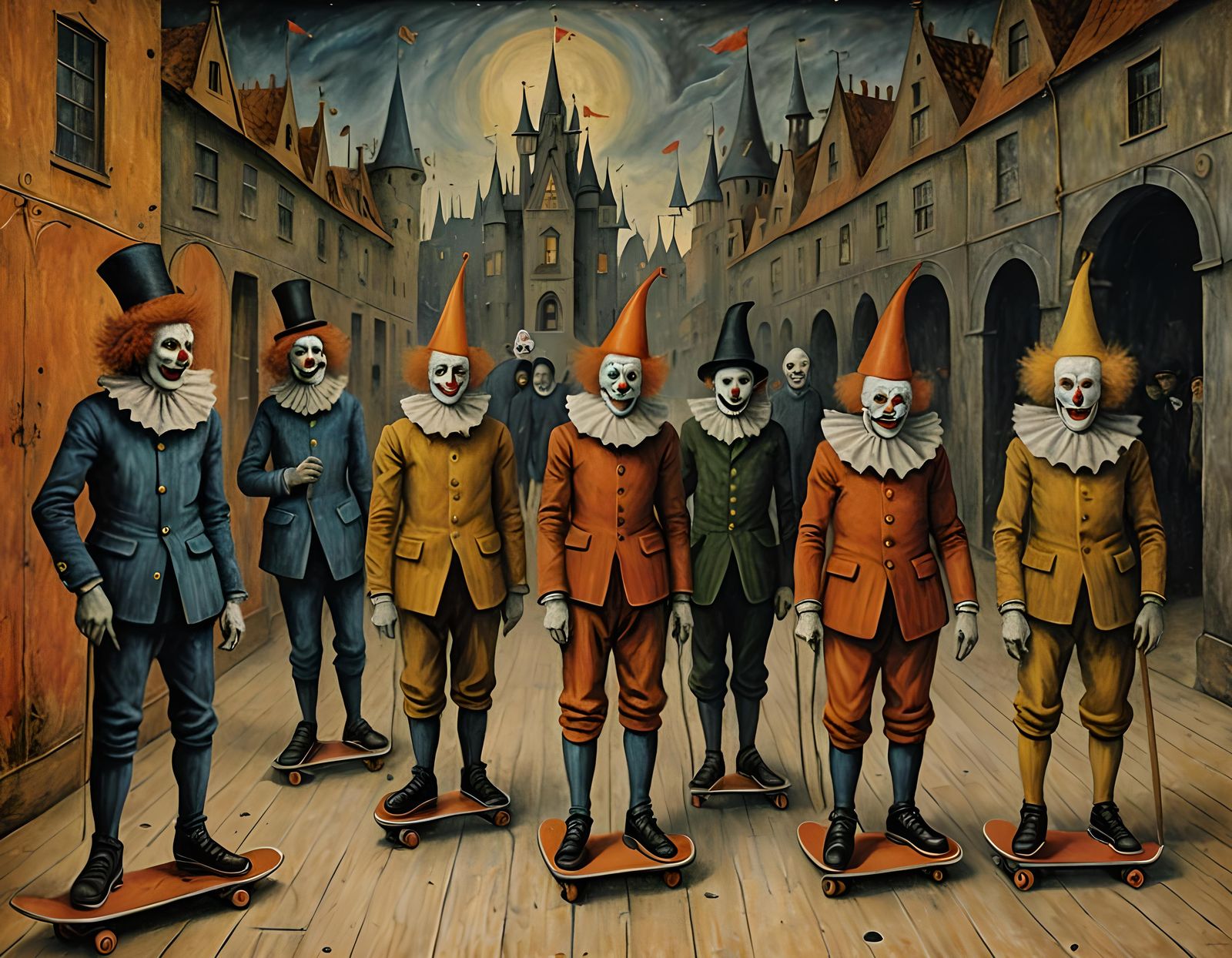 skate clowns waiting to die, detailed oil painting, remedios varo ...